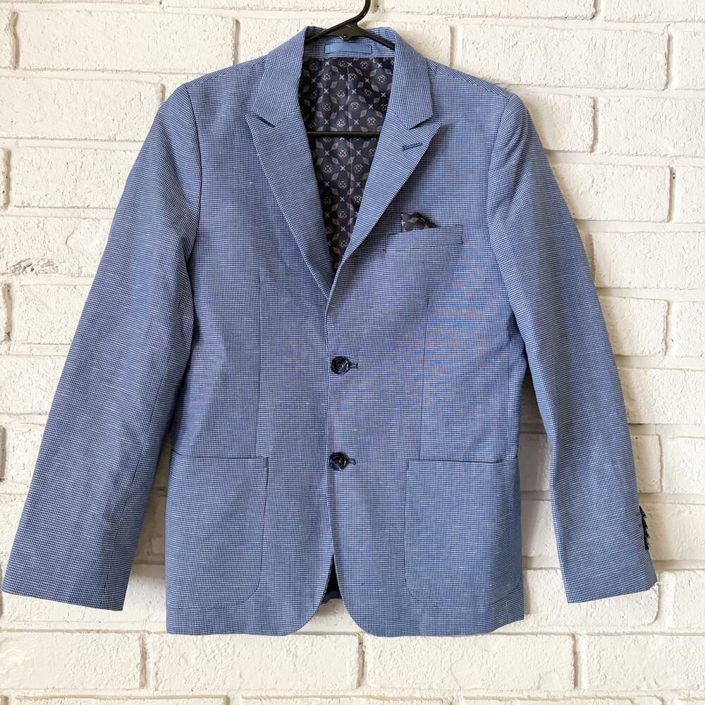 Isaac Mizrahi Boys 14 Blue Textured Suit Jacket 2 Button Blazer Pocket Square